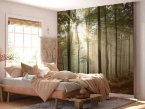 Fashion Zonlicht achter Bomen in Bos fotobehang Bloemen