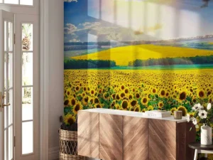 Sale Zonnebloemen Veld met Opkomende Zon fotobehang Bloemen