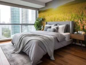 Fashion Zonsopkomst bij een bloemenveld fotobehang Bloemen