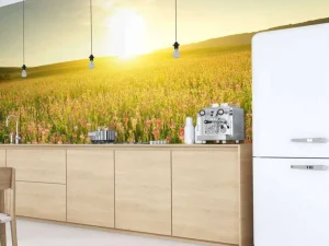 Fashion Zonsopkomst bij een bloemenveld fotobehang Bloemen