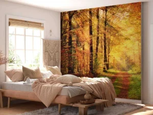 Sale Zonsopkomst in het bos fotobehang Bloemen