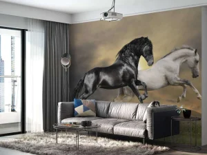 Online Zwart & Wit Paard op Gras fotobehang Dieren