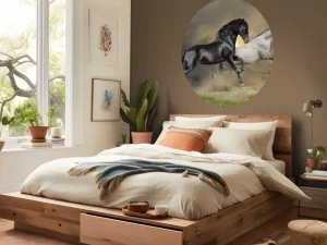 Online Zwart & Wit Paard op Gras fotobehang Dieren