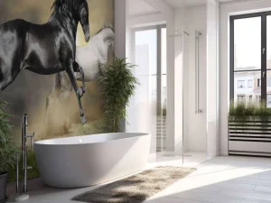Online Zwart & Wit Paard op Gras fotobehang Dieren