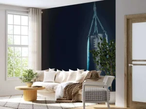 Discount Zwarte bokszak met een blauwe achtergrond fotobehang Sport