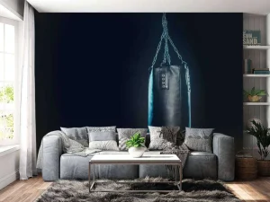 Discount Zwarte bokszak met een blauwe achtergrond fotobehang Sport