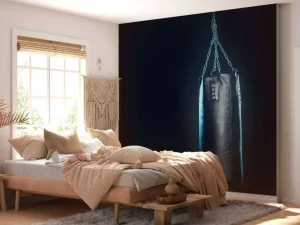 Discount Zwarte bokszak met een blauwe achtergrond fotobehang Sport