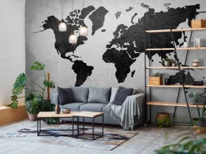Discount Zwarte wereldkaart op een betonnen muur fotobehang Gang