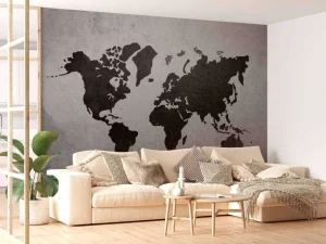 Discount Zwarte wereldkaart op een betonnen muur fotobehang Gang